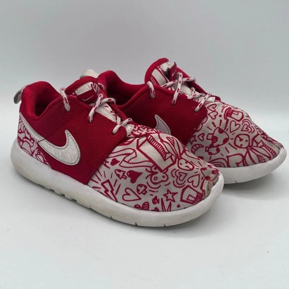 Nike Roshe One GS Kids Size 12C – Red & White Doodle Print – 744947-603